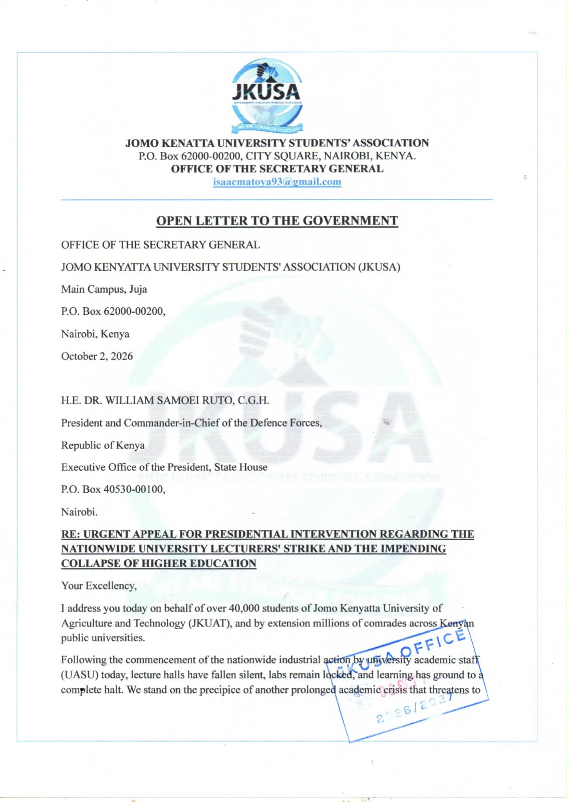 UASU Strike 2026: Students' Constitutional Rights, the JKUSA Letter to the President, and What Happens Next